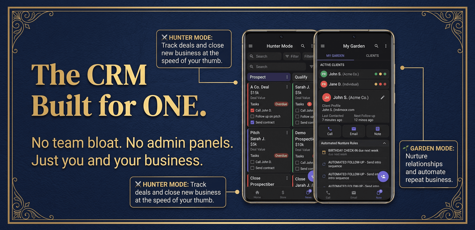 Boss Mode: Personal CRM — Hunter Mode and Garden Mode screenshots